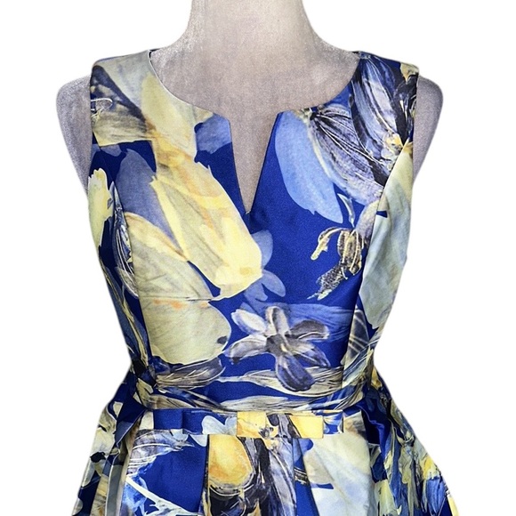 NWT Charm’s Paris Blue Yellow Watercolor Floral Bow Detail Fit & Flare Dress - M - Picture 2 of 9